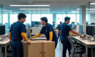 Équipe en train de déplacer des postes de travail dans un open space.