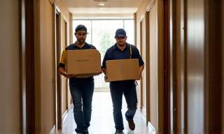 Déménageurs transportant des cartons dans une entrée d’immeuble.